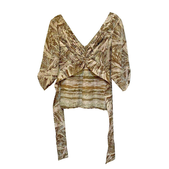 BCBG MaxAzria Silk Top Tan Watercolor Print 3/4 sleeves v-neck tieback dressy S - Picture 2 of 7